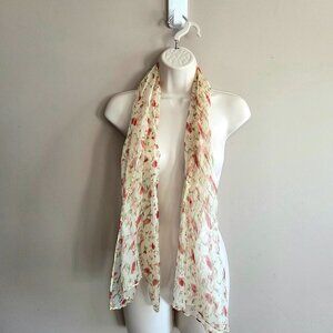 Long silk beige and red scarf.